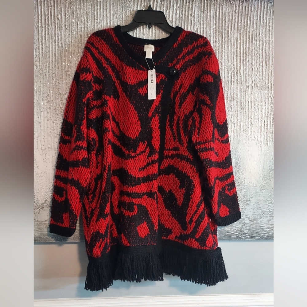 Chicos Abstract Agatha Wool Blend  Fringe Cardigan Wrap Style Sz-3/XL